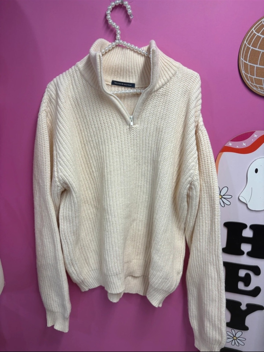 Brandy Melville Cream Half-Zip Ribbed Knit Sweater
